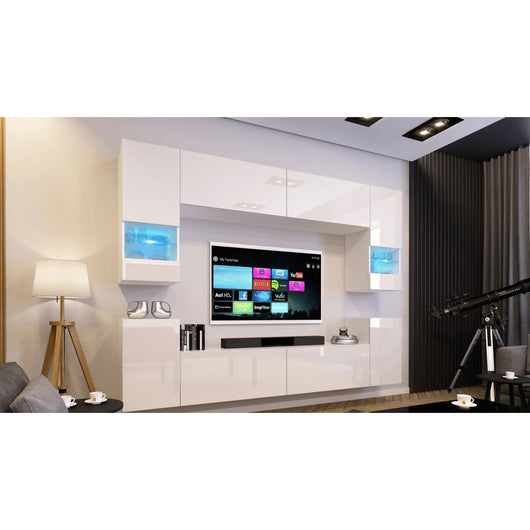 Set di mobili da soggiorno bianchi, sospesi, collezione CEPTO XXVII. 240cm, 8 pezzi, con LED, modulari.