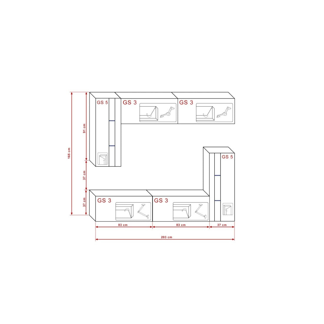 Set di mobili da salotto bianchi, sospesi collezione CEPTO XXX. 203cm, 6 pezzi, led, modulari.