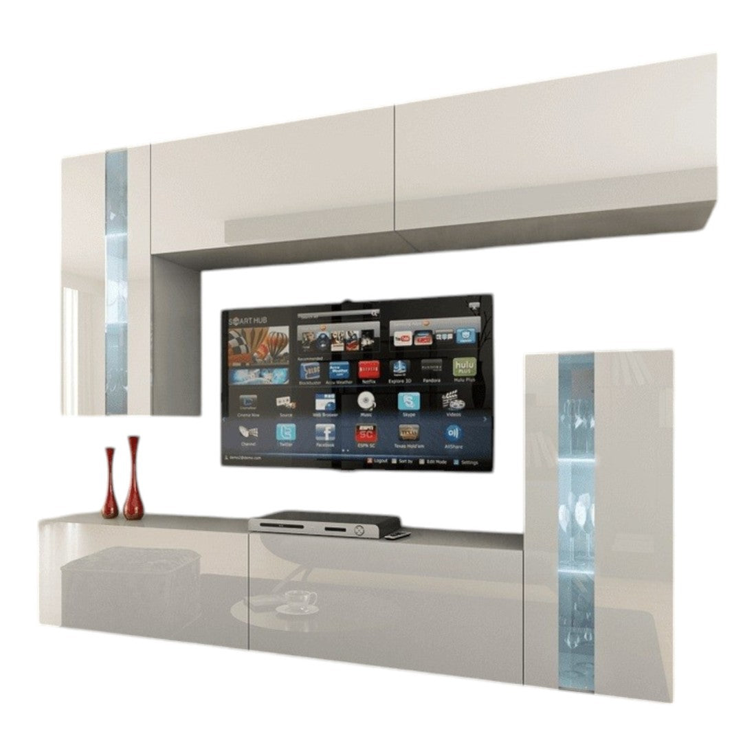 Set di mobili da salotto bianchi, sospesi collezione CEPTO XXX. 203cm, 6 pezzi, led, modulari.