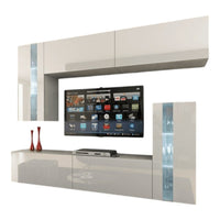 Set di mobili da salotto bianchi, sospesi collezione CEPTO XXX. 203cm, 6 pezzi, led, modulari.