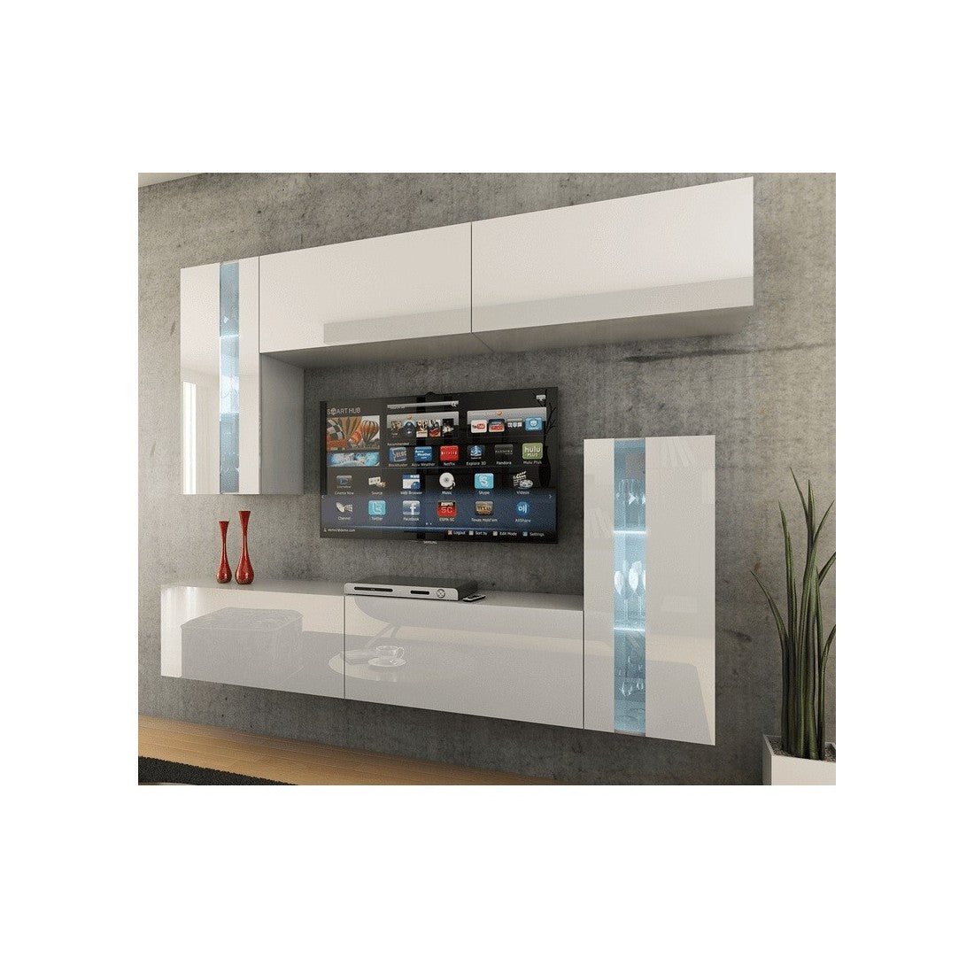 Set di mobili da salotto bianchi, sospesi collezione CEPTO XXX. 203cm, 6 pezzi, led, modulari.