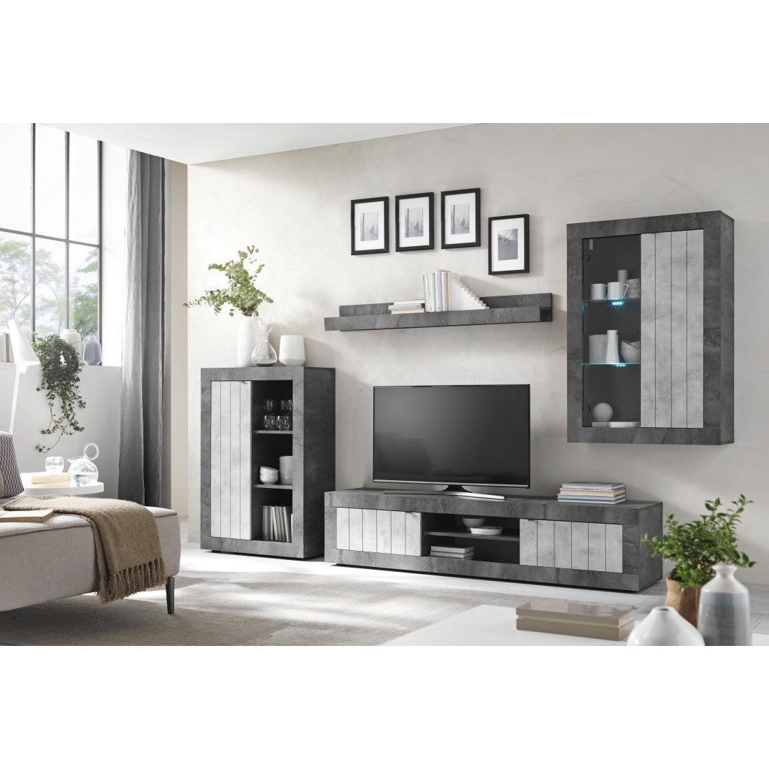 Set di mobili da soggiorno collezione BURA. Colore grigio effetto cemento.