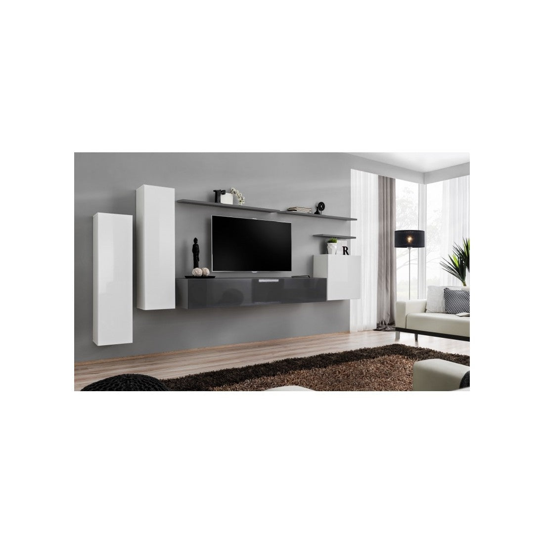 Set di mobili da soggiorno collezione SWITCH I design, colore bianco e grigio lucido.