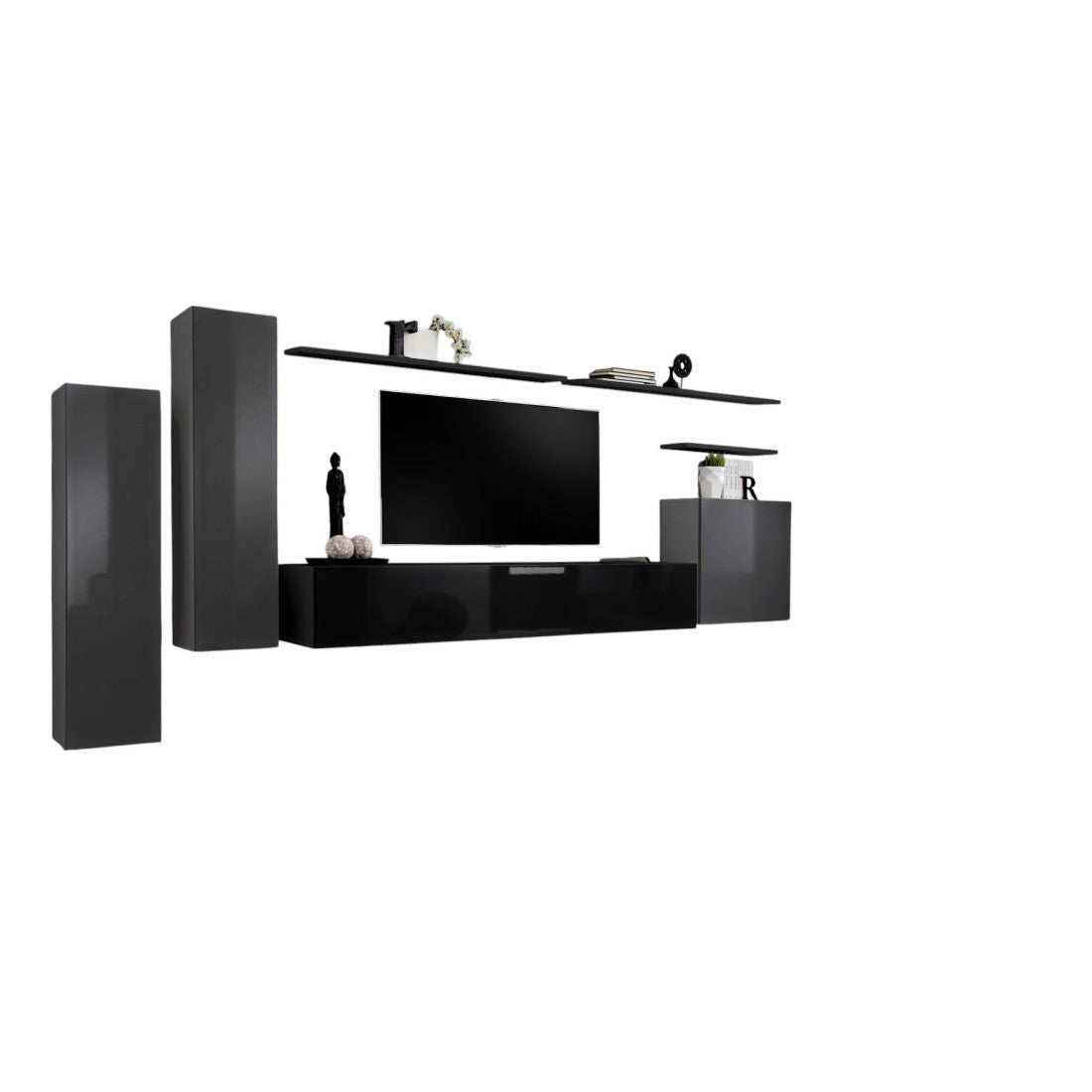 Set di mobili da soggiorno collezione SWITCH I design, colori grigio e nero lucido.