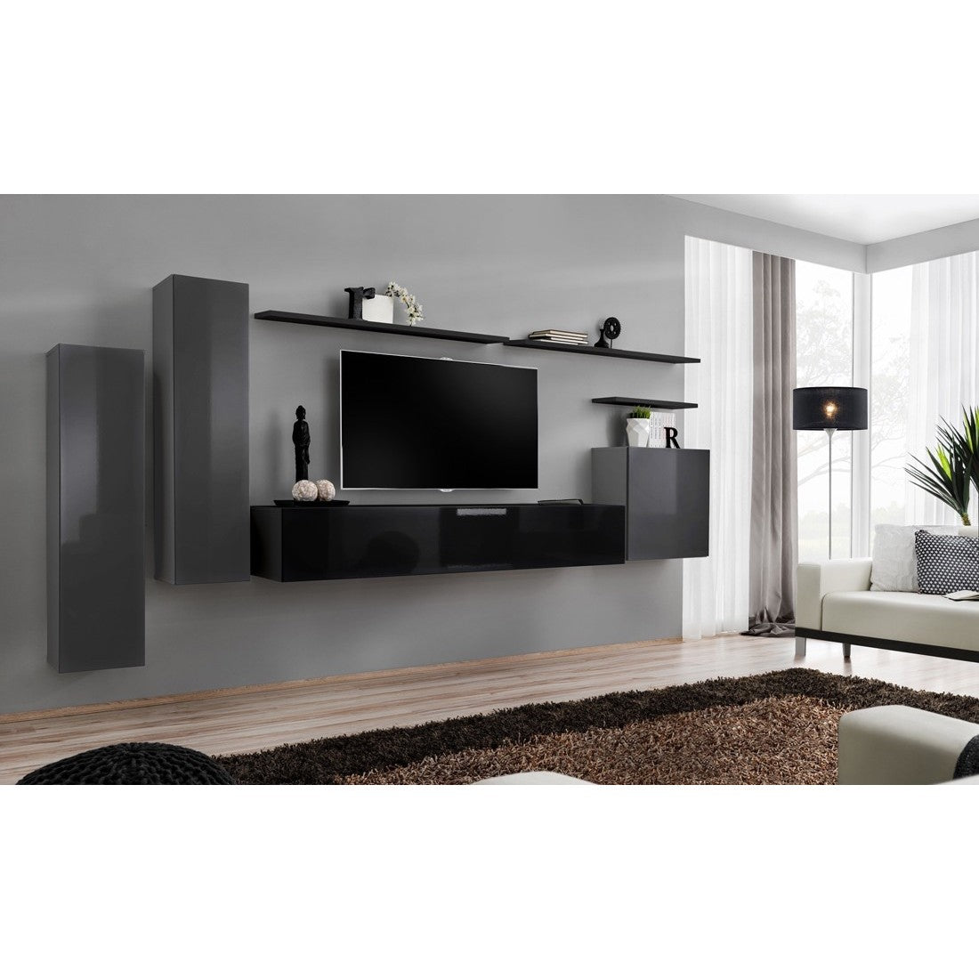 Set di mobili da soggiorno collezione SWITCH I design, colori grigio e nero lucido.