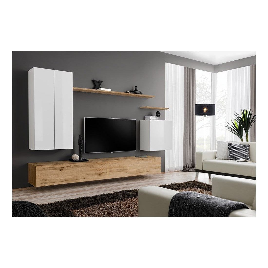 Set di mobili da soggiorno collezione SWITCH II, design, colore bianco e quercia Wotan.