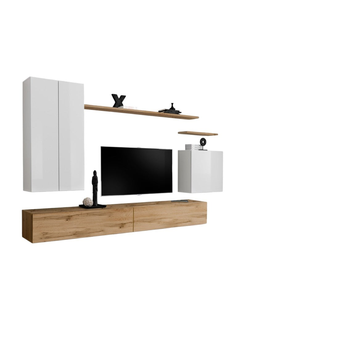 Set di mobili da soggiorno collezione SWITCH II, design, colore bianco e quercia Wotan.