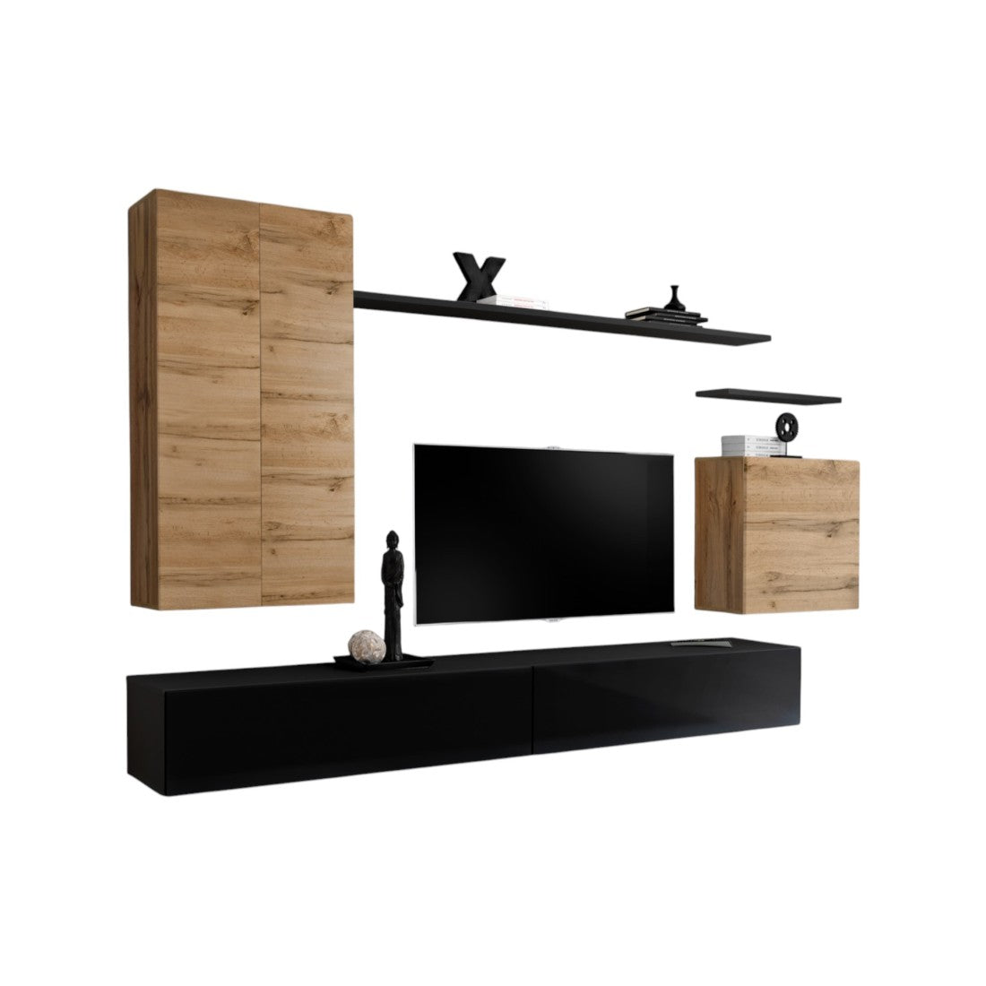 Set di mobili da soggiorno collezione SWITCH II, design, colore rovere e nero lucido.