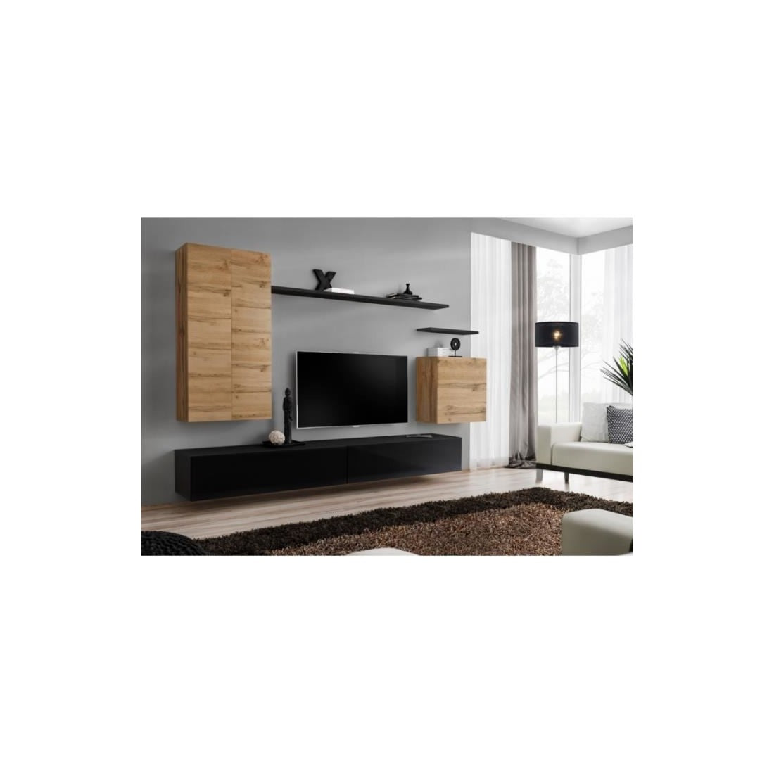 Set di mobili da soggiorno collezione SWITCH II, design, colore rovere e nero lucido.