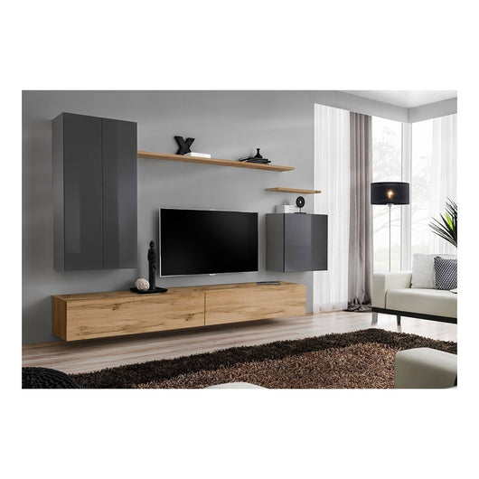 Set di mobili da soggiorno collezione SWITCH II design, colore grigio e rovere Wotan.