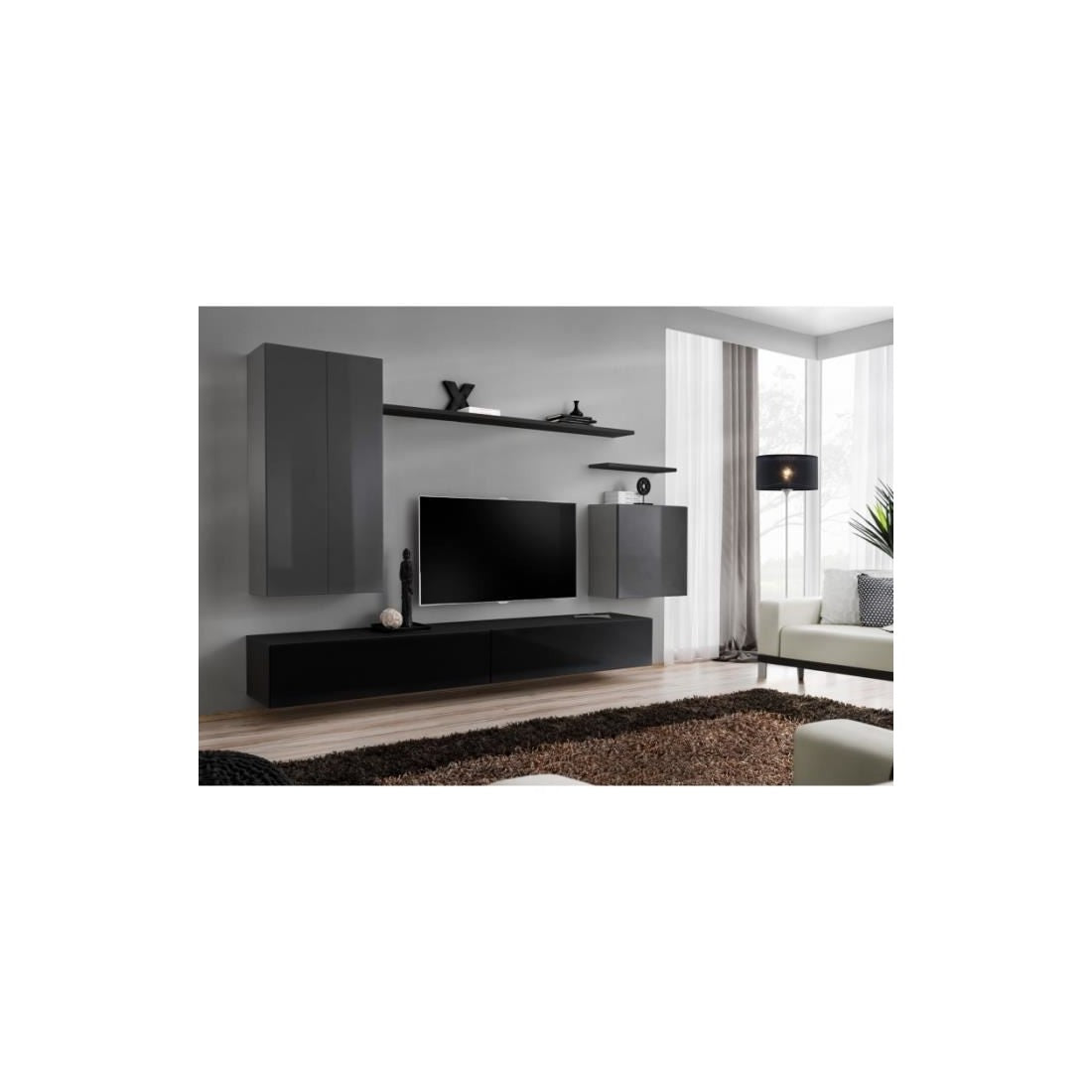 Set di mobili da soggiorno collezione SWITCH II, design in colori grigio e nero lucido.