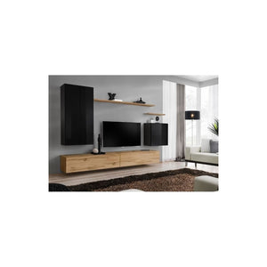 Set di mobili da soggiorno collezione SWITCH II design, colore nero lucido e quercia Wotan.