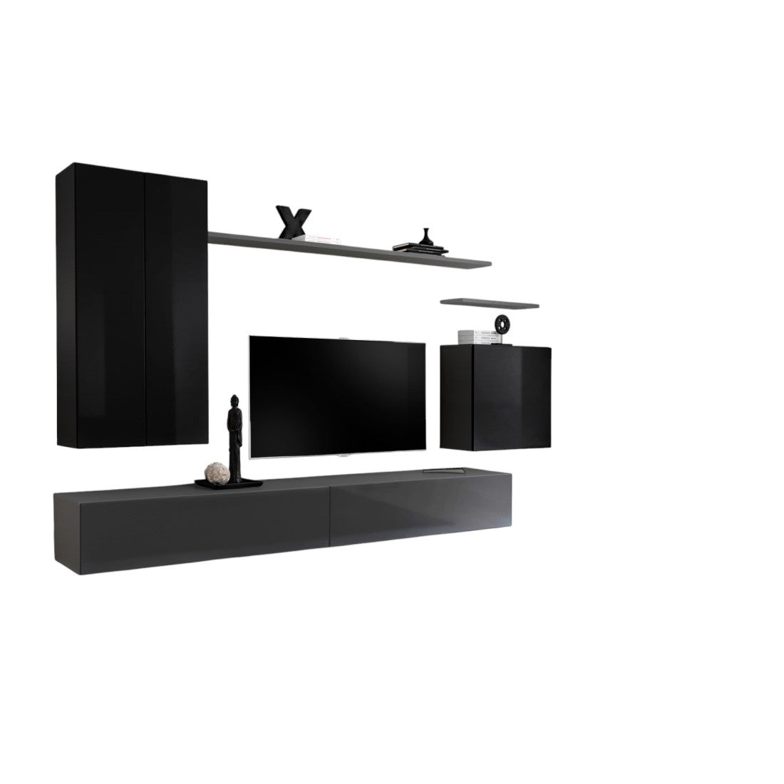 Set di mobili da soggiorno collezione SWITCH II design, colori nero e grigio lucido.