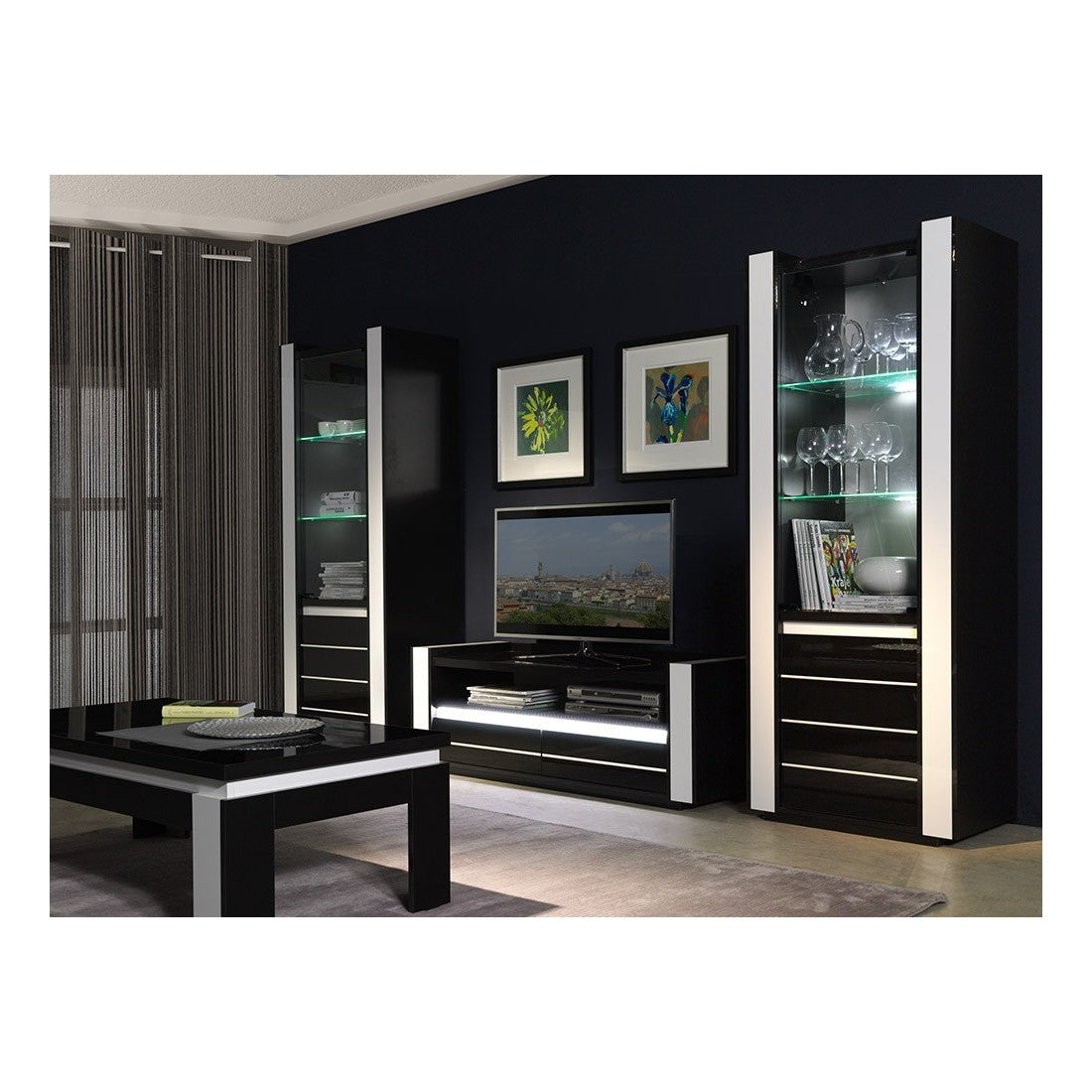 Set di mobili da soggiorno in colore nero e bianco lucido con LED