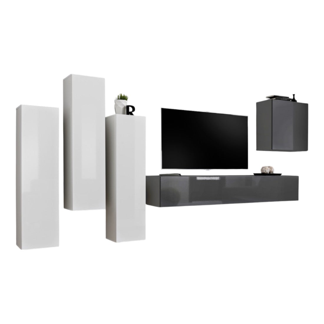 Set di mobili da salotto design collezione SWITCH III. Colori bianco e grigio lucido.