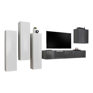 Set di mobili da salotto design collezione SWITCH III. Colori bianco e grigio lucido.