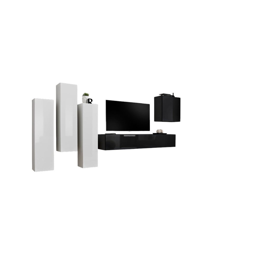 Set di mobili da soggiorno design collezione SWITCH III. Colori bianco e nero lucido.