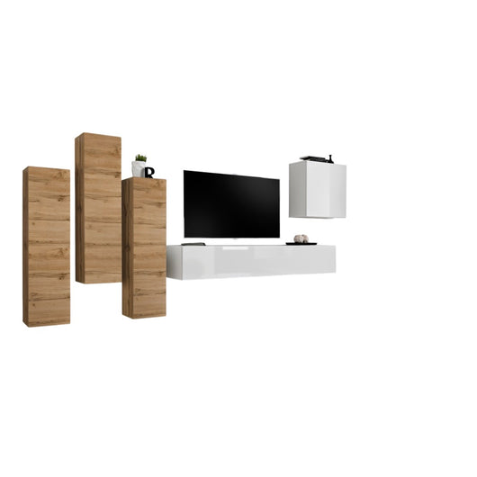 Set di mobili da soggiorno design collezione SWITCH III. Colori rovere wotan e bianco lucido.
