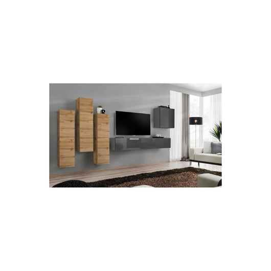 Set di mobili da salotto design collezione SWITCH III. Colori rovere wotan e grigio lucido.