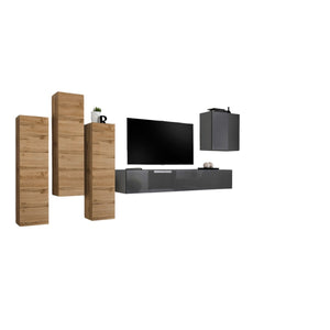 Set di mobili da salotto design collezione SWITCH III. Colori rovere wotan e grigio lucido.