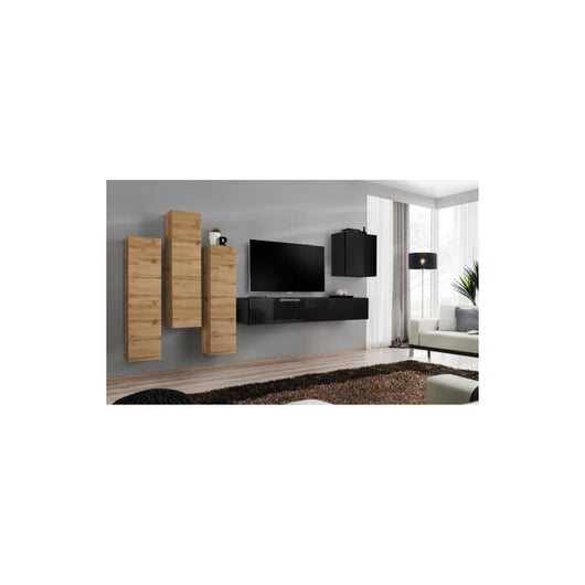 Set di mobili da soggiorno design collezione SWITCH III. Colori quercia wotan e nero lucido.