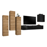 Set di mobili da soggiorno design collezione SWITCH III. Colori quercia wotan e nero lucido.