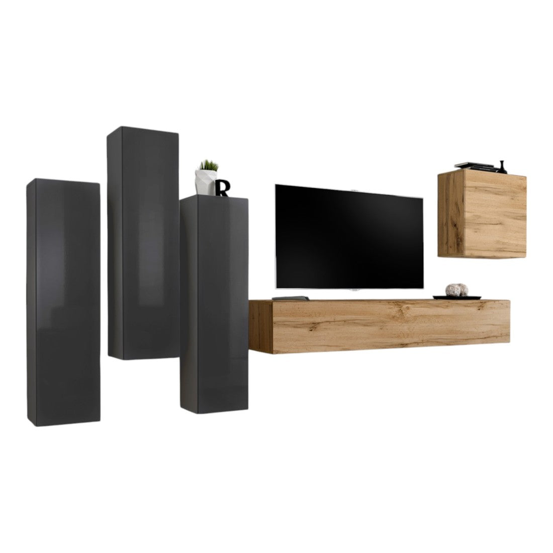 Set di mobili da soggiorno design collezione SWITCH III. Colore grigio lucido e rovere Wotan.