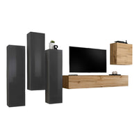 Set di mobili da soggiorno design collezione SWITCH III. Colore grigio lucido e rovere Wotan.