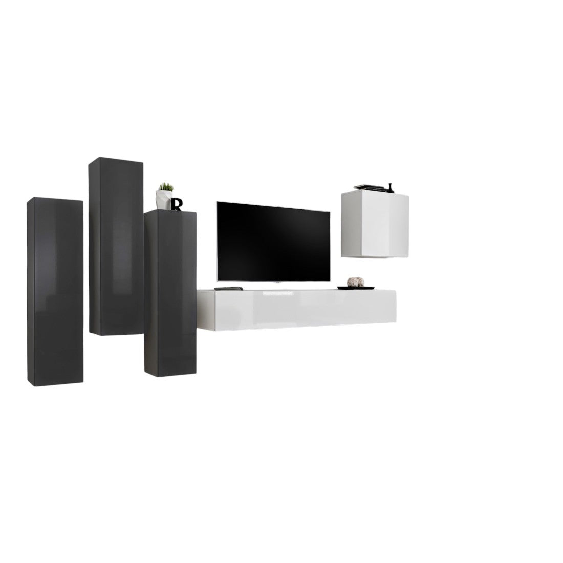 Set di mobili per soggiorno della collezione SWITCH III. Colori grigio e bianco lucido.