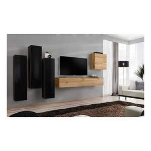 Set di mobili da soggiorno design collezione SWITCH III. Colori nero lucido e quercia Wotan.