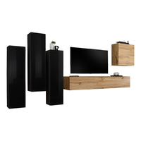 Set di mobili da soggiorno design collezione SWITCH III. Colori nero lucido e quercia Wotan.