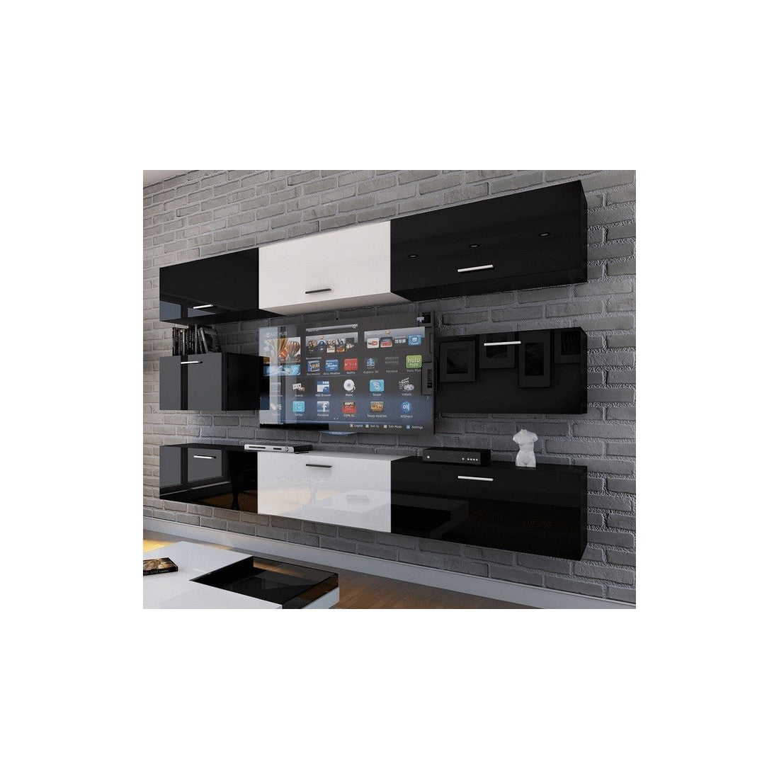 Set di mobili da soggiorno nero e bianco sospesi collezione CEPTO VII 249 cm, 8 porte, modulari, parte centrale bianca