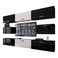 Set di mobili da soggiorno nero e bianco sospesi collezione CEPTO VII 249 cm, 8 porte, modulari, parte centrale bianca