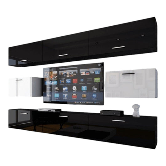 Set di mobili da soggiorno nero e bianco sospesi collezione CEPTO VII 249cm, 8 porte, modulari.