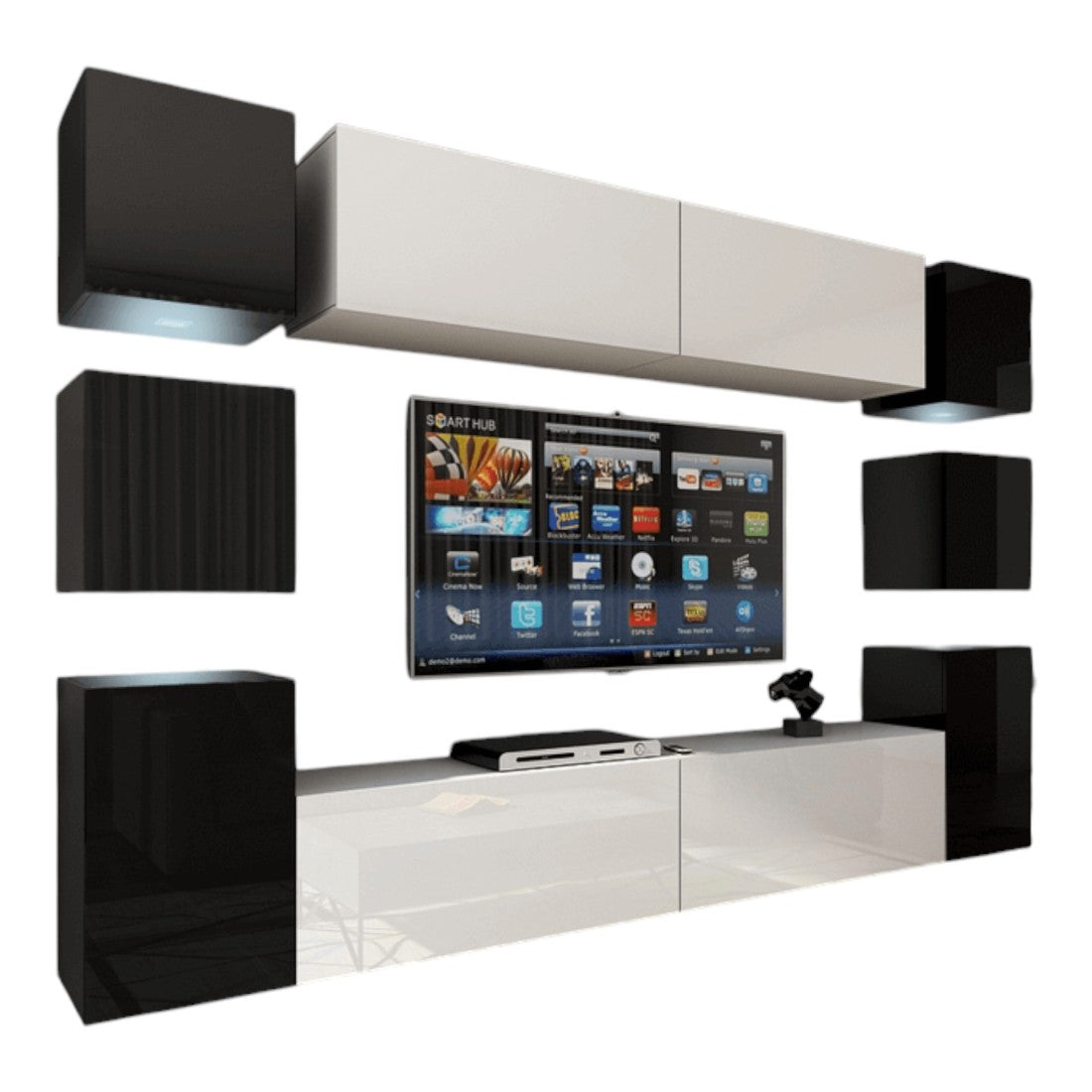 Set di mobili da soggiorno nero e bianco sospesi collezione CEPTO XIV. 256cm, 10 mobili, 10 porte, led.