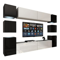 Set di mobili da soggiorno nero e bianco sospesi collezione CEPTO XIV. 256cm, 10 mobili, 10 porte, led.