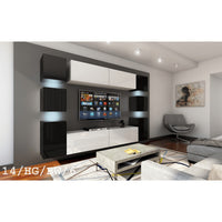 Set di mobili da soggiorno nero e bianco sospesi collezione CEPTO XIV. 256cm, 10 mobili, 10 porte, led.
