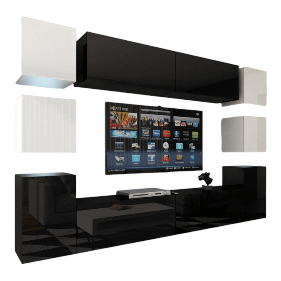 Set di mobili da salotto nero e bianco sospesi collezione CEPTO XIV 256 cm, 10 pezzi, LED, cubo bianco.