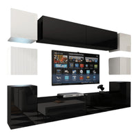 Set di mobili da salotto nero e bianco sospesi collezione CEPTO XIV 256 cm, 10 pezzi, LED, cubo bianco.