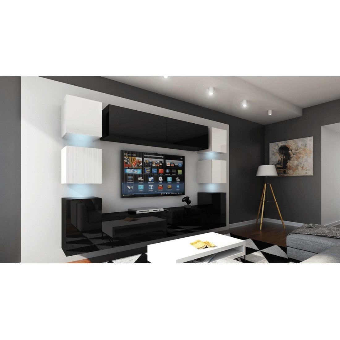 Set di mobili da salotto nero e bianco sospesi collezione CEPTO XIV 256 cm, 10 pezzi, LED, cubo bianco.