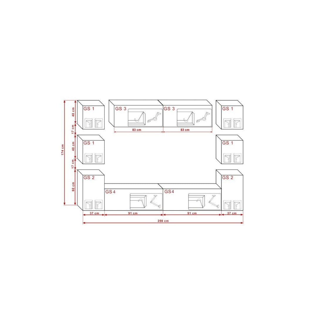 Set di mobili da salotto nero e bianco sospesi collezione CEPTO XIV 256 cm, 10 pezzi, LED, cubo bianco.