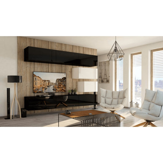 Set di mobili da soggiorno nero e bianco sospesi collezione CEPTO XVI 249cm, 8 pezzi, modulari.