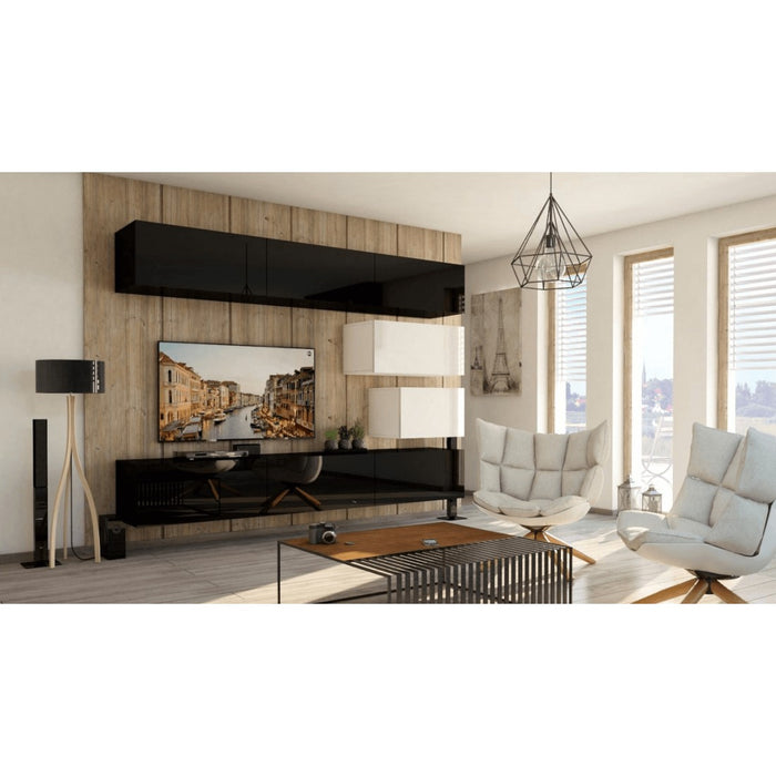 Set di mobili da soggiorno nero e bianco sospesi collezione CEPTO XVI 249cm, 8 pezzi, modulari.