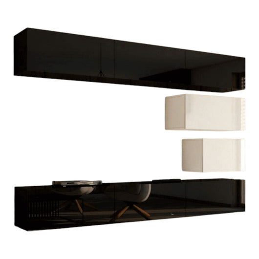 Set di mobili da soggiorno nero e bianco sospesi collezione CEPTO XVI 249cm, 8 pezzi, modulari.