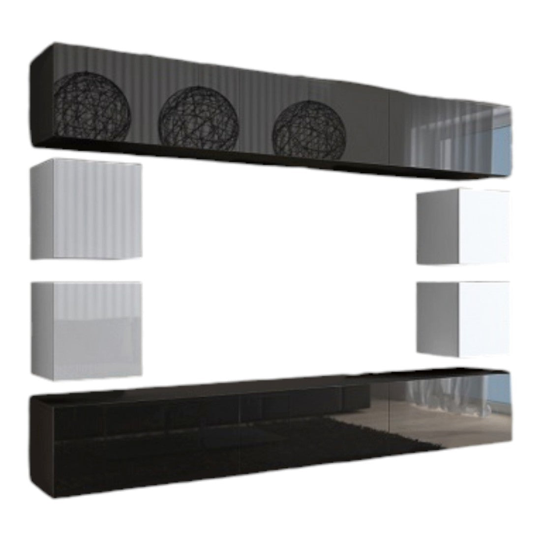Set di mobili da soggiorno nero e bianco sospesi collezione CEPTO XVII 249cm, 10 pezzi, con LED, modulari.
