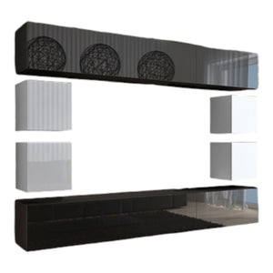 Set di mobili da soggiorno nero e bianco sospesi collezione CEPTO XVII 249cm, 10 pezzi, con LED, modulari.