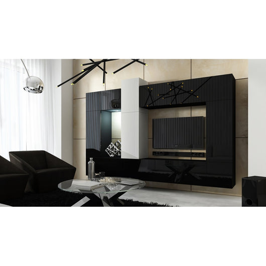Set di mobili da soggiorno nero e bianco sospesi collezione CEPTO XXII. 273 cm, 10 pezzi, con LED, modulari.