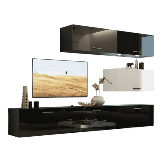 Set di mobili da soggiorno nero e bianco, sospesi collezione CEPTO XXV. 249cm, 6 pezzi, con LED, modulari.