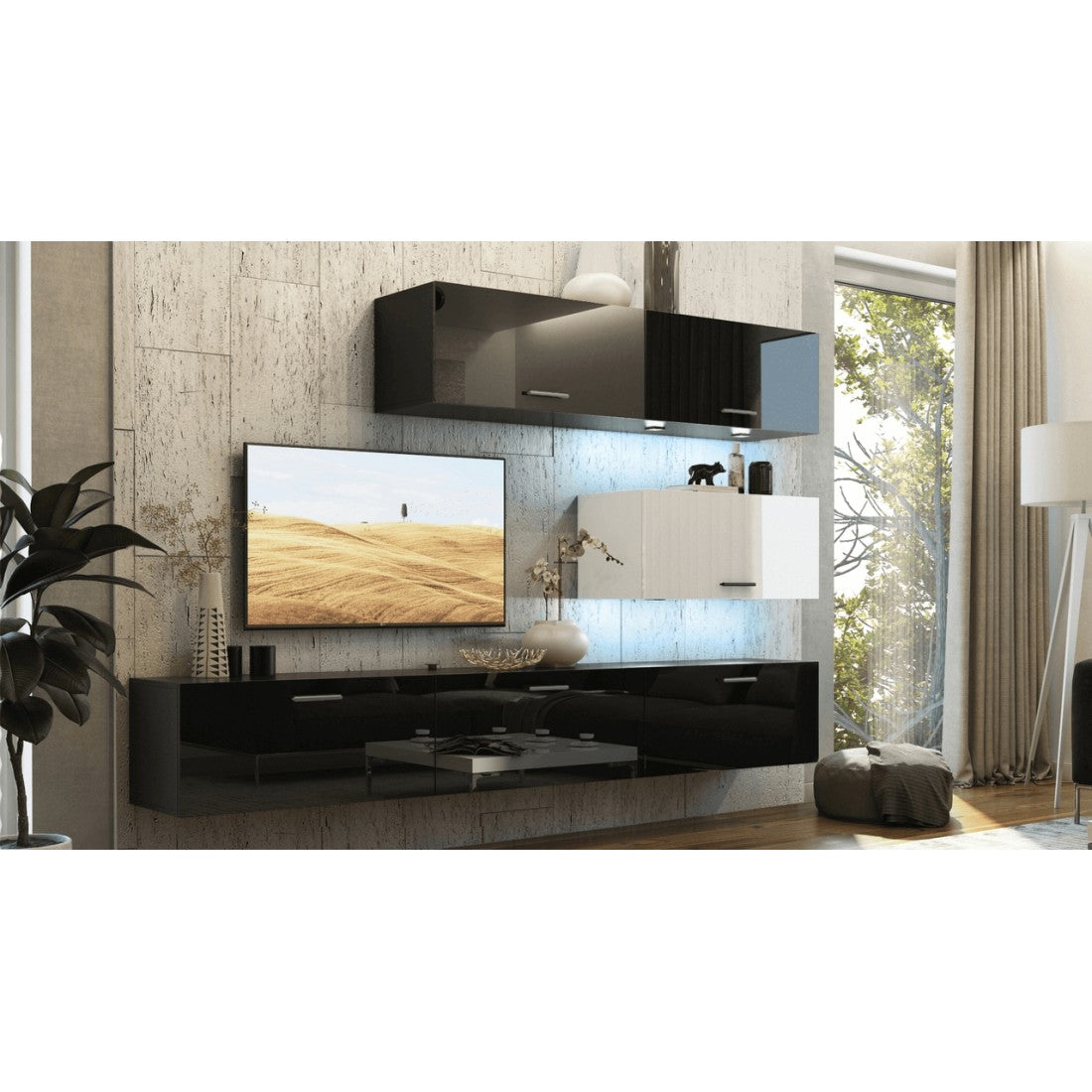 Set di mobili da soggiorno nero e bianco, sospesi collezione CEPTO XXV. 249cm, 6 pezzi, con LED, modulari.