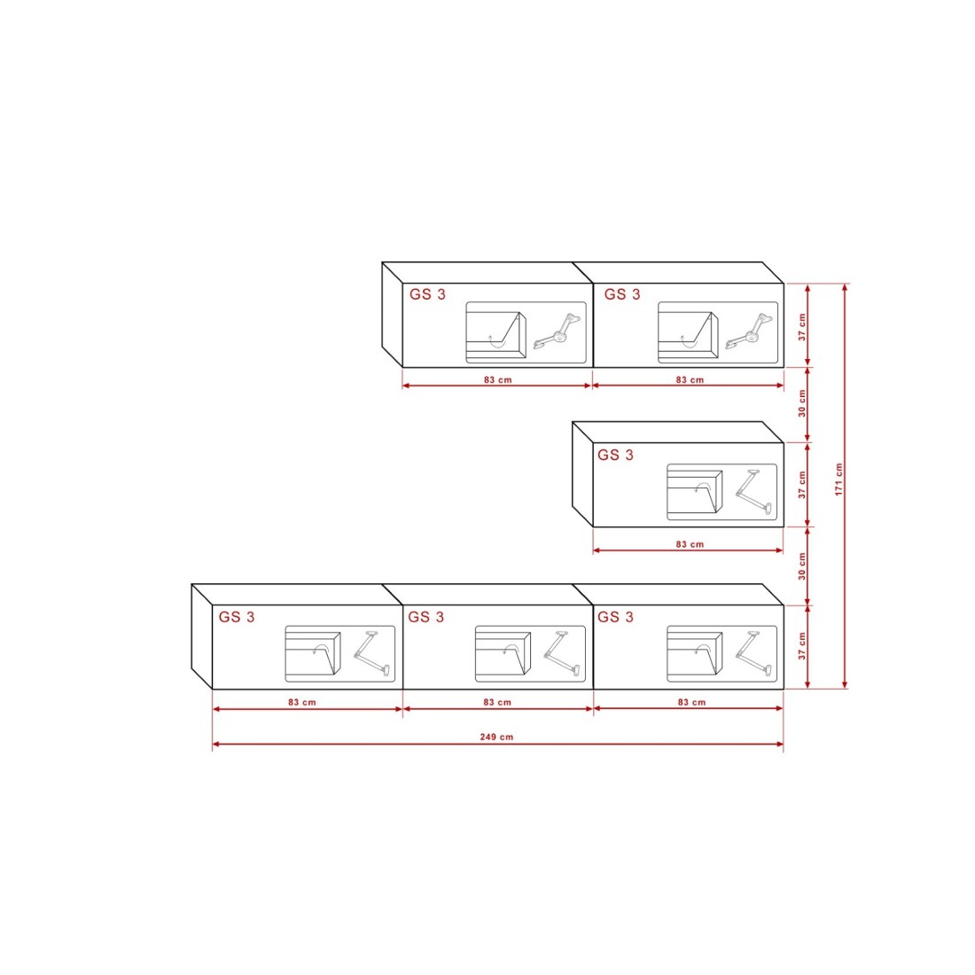 Set di mobili da soggiorno bianco e nero, sospesi collezione CEPTO XXV. 249cm, 6 pezzi, led, modulari.